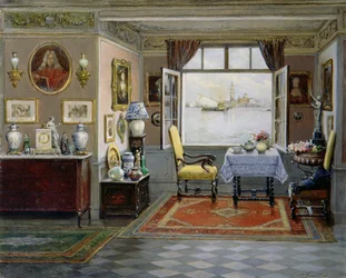 Ein venezianisches Zuhause mit Blick auf San Giorgio Maggiore aus einem offenen Fenster, ca. 1900